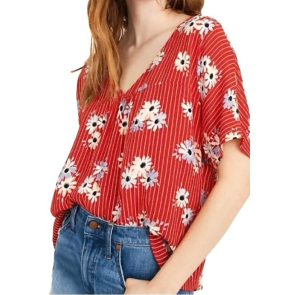 Madewell Rhyme Top in Daisy Society High Low Cap Sleeves Pinstripes Red Size S